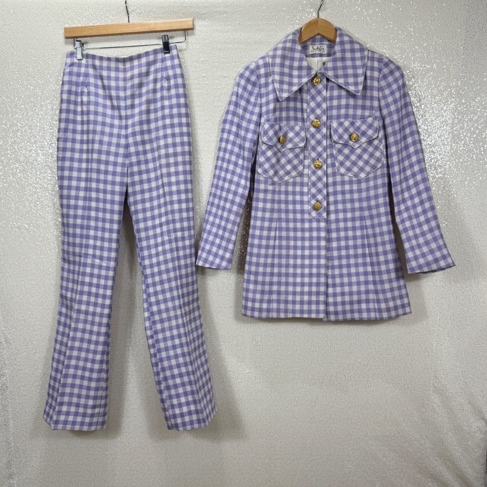 Vintage 70s Jacklin New York Lavender Gingham Pant Suit Set ILGWU Union size 8